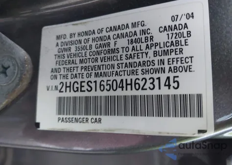 2004 Honda Civic Lx z USA, uszkodzony, nr VIN 2HGES16504H623145